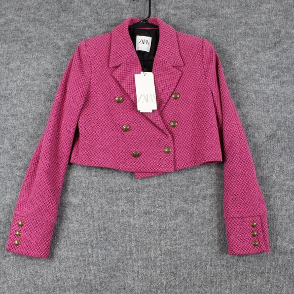 Zara Jackets & Blazers - Zara Blazer Womens Medium Pink Tweed Cropped Double Breasted Gold Button Jacket
